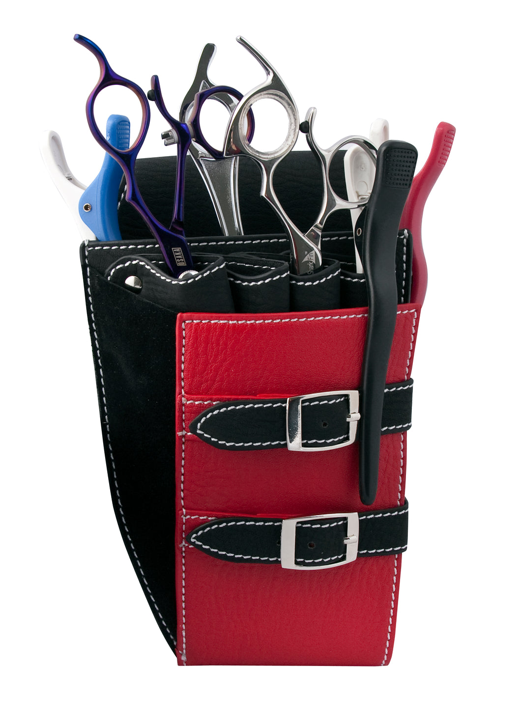 RED/BLACK DOUBLE BELT LEATHER SCISSOR HOLDER